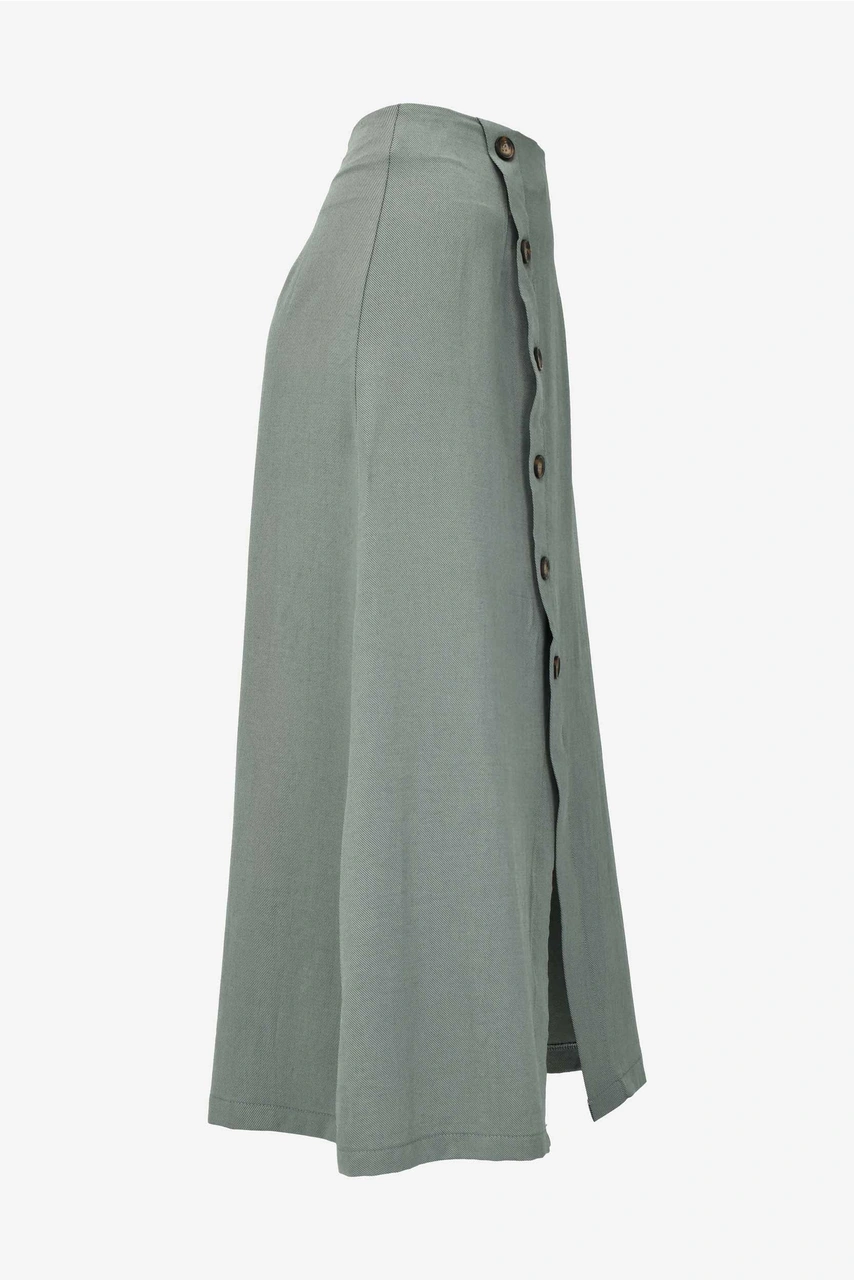 Önü Düğme Detaylı Yırtmaçlı Midi Boy Etek- Mint Yeşil Yeşil