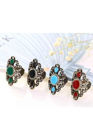 Vintage Ethnic Style Exquisite Carved Inlaid Acrylic Resin Hollow Ring, Ring Size:7 Green Çok Renkli