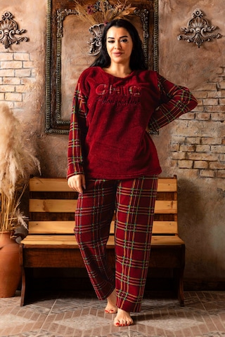 Nisanca Büyük Beden Peluş Polar Pijama Takımı- Kışlık Büyük Beden Kadın Pijama Bordo