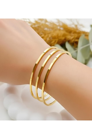 Kadın Günlük Kullanıma Uygun Ajda 3 Lü Set Çelik Üzeri Altın Kaplama Bilezik Kar3'lü Set 22 Ayar Altın Kaplama Kibar Bilezik Kararma Paslanma Yapmaz 316l Çelik Gold