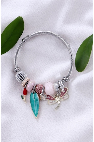 Bhs Life Kadın Charmlı Yapraklı Kelebek Figürlü Çelik Bileklik Beyaz