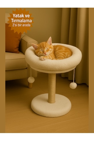 Komano Pontika 2 si 1 Arada Kedi Tırmalama Tahtalı Yuvarlak Kedi Yatağı Beyaz