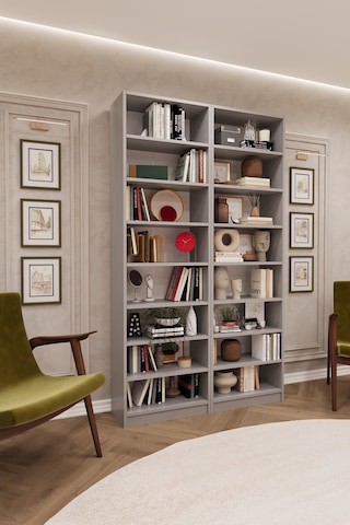 Asra Trend K-11 %100 MDF 120 cm 2 Modüllü Kitaplık 14 Raflı Ofis Dosya Dolabı Kül Gri