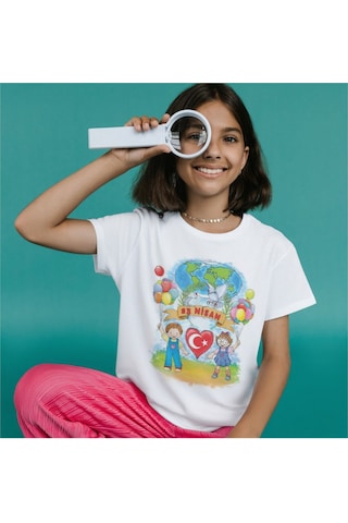 Alpşan Ticaret Çocuk Bayramı 23 Nisan T-shirt Beyaz Çocuk Yetişkin Tişört Unisex T-shirt 23 Nisan 58 Beyaz