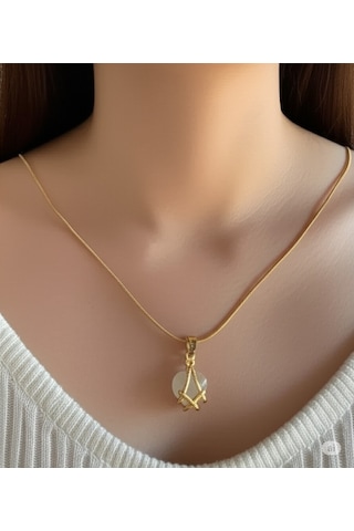 Şık Tasarımlı 45 Cm Gold Renk Çelik Kolye Doğal Taş Detaylı Çok Renkli
