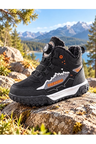 Tutınom Çocuk Mekanizma Bağcıklı Sportif Tasarım İçi Tüylü Outdoor Trekking Bot Siyah - Turuncu