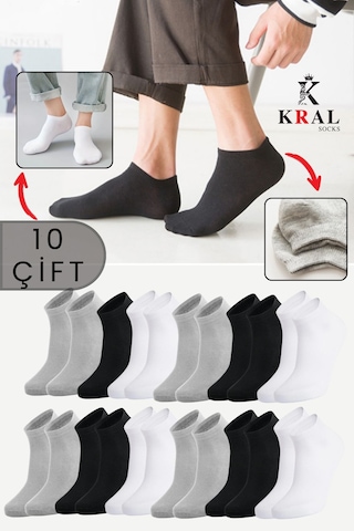 Kral Socks Kadın - Erkek 10 Çift Düz Desen Ekonomik Bilek Boy Patik Çorap Asorti