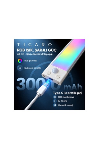 Tıcaro 40 Cm Rgb Sensörlü Şarjlı Led Dolap Işığı, 94 Led, 3000 Mah, 1 Adet Gümüş