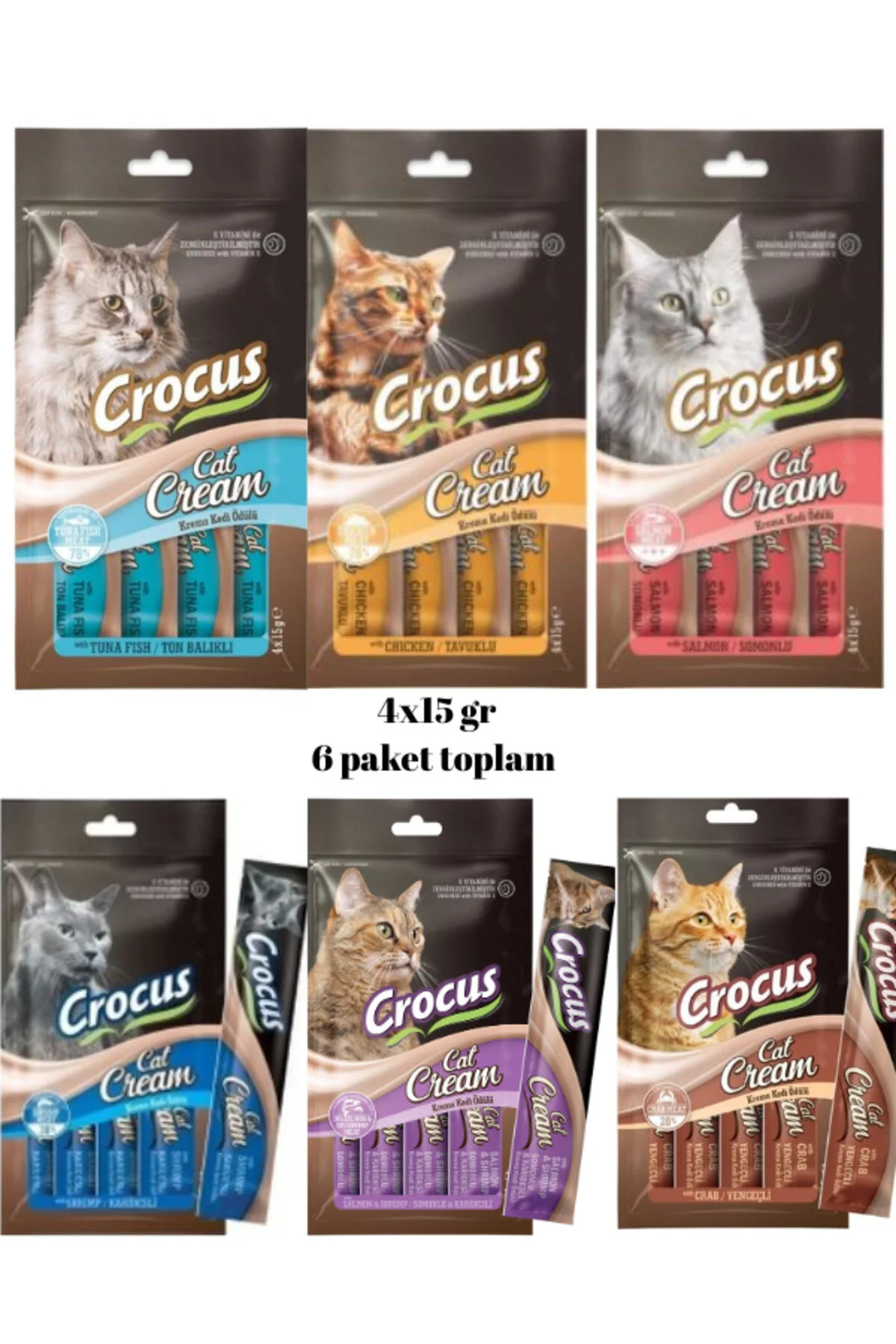 Crocus Somon + Tavuk + Tuna + Yengeç + Karides + Somon & Karides Krema Kedi Ödülü 4x15gr 6 Paket