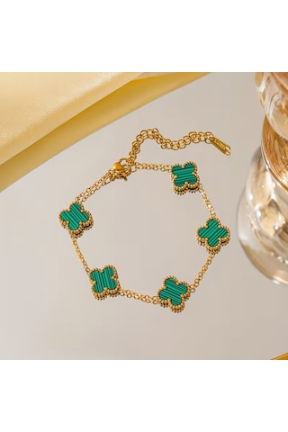 Çelik Bileklik Dört Yapraklı Küçük Yonca Yeşil Çizgili Sedef Taşlı Uzunluk 18 Cm Gold Altın - Gold