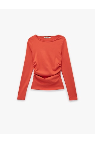 Koton Pamuklu Slim Fit Kayık Yaka Drapeli Uzun Kollu Tişört Turuncu 6wal10195ık Turuncu