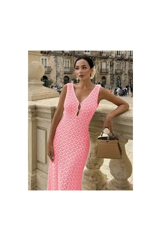 Butik İstanbul Kadın Askılı V Yakalı Uzun Triko Elbise Pembe