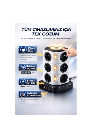 12 Li Kule Tipi Çoklu Priz 3 Usb 1 Type-c Gece Lambalı 3680w Bağımsız Anahtarlı 1 - 3 M