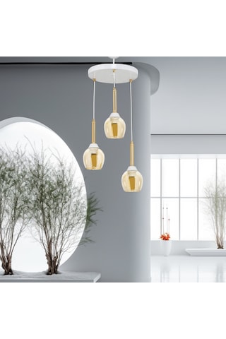 Üçlü Mandarin Sarkıt Avize Bal Rengi Camlı Gold Borulu Beyaz - Altın - Bal