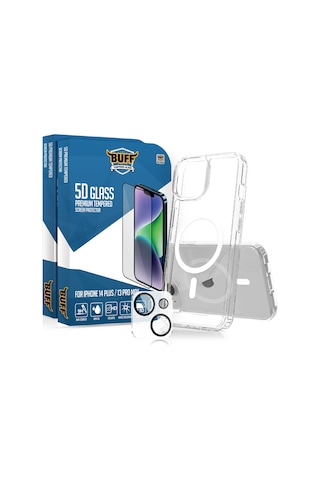 Buff Apple iPhone Uyumlu 14 Plus - 2x5d Ekran Koruyucu + Magsafe Kılıf + Lens Koruyucu Glass Şeffaf