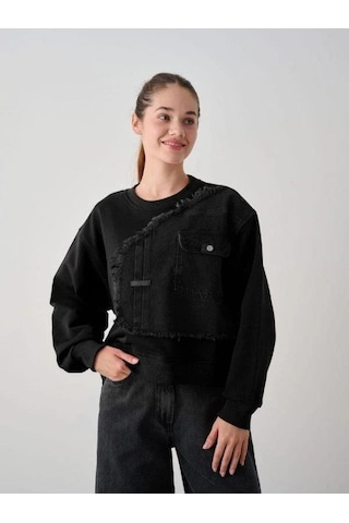 Kız Çocuk Mevsimlik Önü Denim Garni Cepli 3 İplik Sweatshirt-14773 Siyah