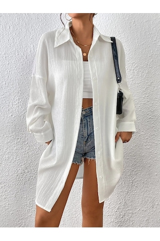 Kadın Oversize Uzun Gömlek - Beyaz Düz Uzun Gömlek Beyaz