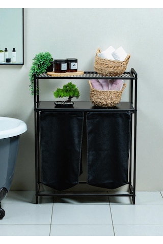 Dekoratif Kirli Sepetli Banyo Dolabı 2 Raflı 2 Bölmeli Çamaşır Sepeti Banyo Düzenleyici Organizer Siyah