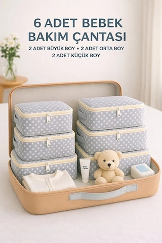 Serstil 6 Parça Doğum - Hastane Çıkış Çantası Bebek Bakım Hurç ve Çanta Seti - Gri Benekli Gri Puantiye