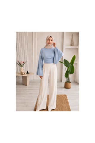 Unika Boutique Kadın Geniş Kol Belden Oturtmalı Bluz mavi