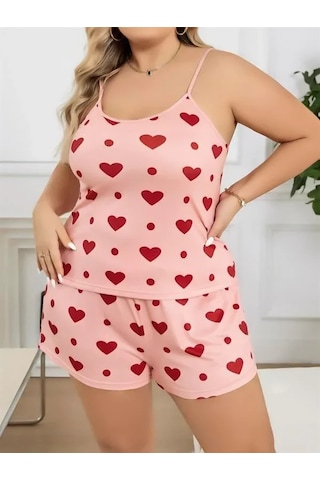 Atyticaret Büyük Beden Pembe Desen Pamuklu Şortlu Pijama Takımı