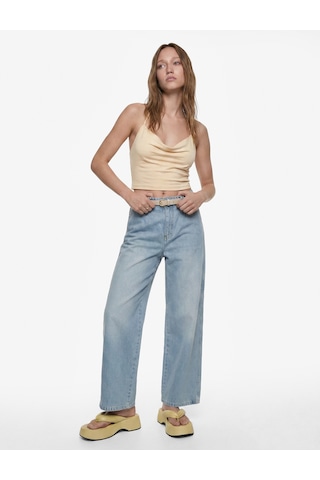 Koton Yüksek Bel Pamuklu Kemerli Kısa Geniş Paça Denim Pantolon - Wide Leg Jean Bleach 6sal40096md Açık Mavi