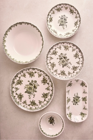 Antik Yeşil 27 Parça 6 Kişilik Seramik Yemek Takımı Vintage Çiçek Desenli Yuvarlak Servis Seti Yesıl Yeşil