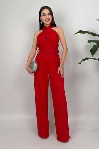 Amber Kadın Kemer Detaylı Askılı Bol Paça Kırmızı Tulum Rahat Şık Yazlık Kombin Kırmızı