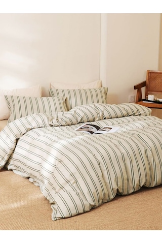 Caqqa Çizgili Naturel Striped Çocuk Ve Genç Tek Kişilik Pamuk Lastikli Nevresim Takımı