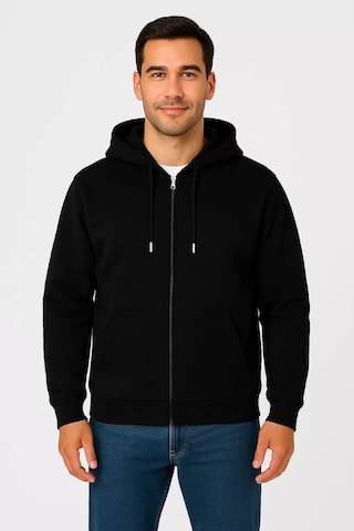 Erkek Üç İplik Kapüşonlu Tam Fermuarlı Kanguru Çepli Sweatshirt Hoodie - Siyah Siyah