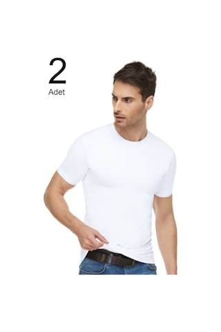 Erkek Beyaz 2'li Paket Likralı Pamuk 0 Yaka Fanila 001