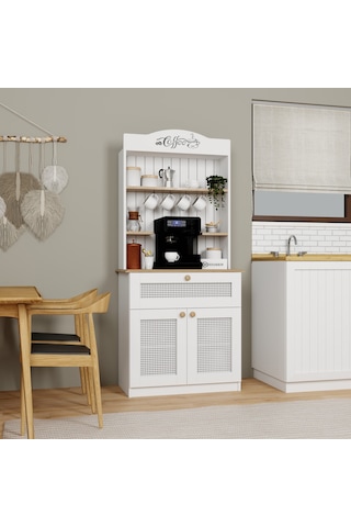 Lucas 2 Kapaklı Çekmeceli Pvc Hasır Desen Kahve Köşesi & Çok Amaçlı Mutfak Dolabı-açık Ceviz & Beyaz Beyaz - Açık Ceviz