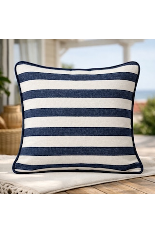 Faralya Life Kalın Çizgili Pamuk Dokulu Biyeli Tekli Kırlent Kılıfı - 45x45 Cm Dekoratif Yastık Kılıfı Beyaz - Lacivert