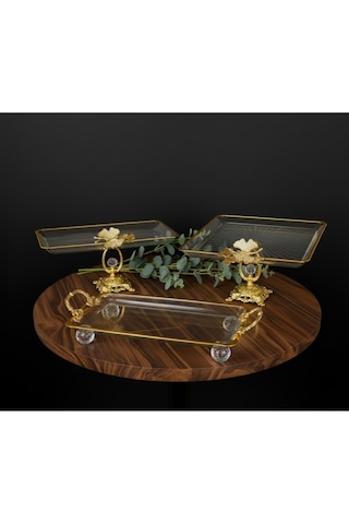 Çnr Home Collection 3 Parça Gold Yaldızlı Kristal Ayaklı Sunumluk Gold