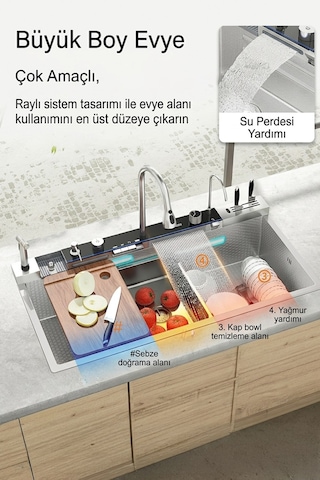 Lüx Dijital Akıllı Eviye Seti Premium Krom Akıllı Mutfak Evyesi- 100x46 Cm Çok Fonksiyonlu- Silver