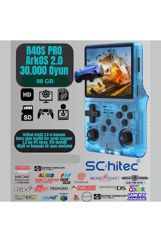 Schitec Retro Arcade R40s Pro Taşınabilir El Atari Konsolu 30.000 Oyunlu 98gb Mavi