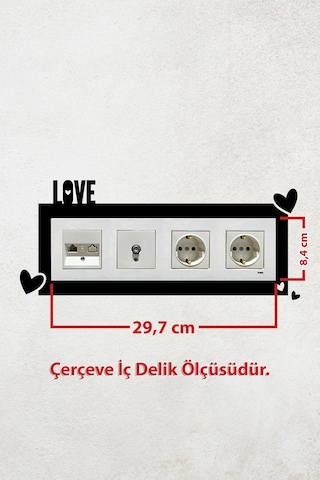 Love Yazılı Kalp Tasarım 4lü Priz Çerçevesi İç Ölçü 29,7x8,4 Cm Dörtlü Çerçeve Siyah