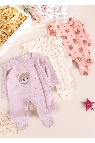 Babymod Üçlü 100% Pamuk Kız Bebek Tulum Gülkurusu