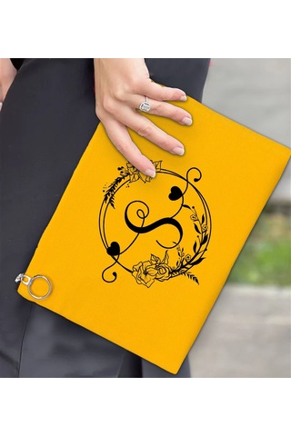 Bk Gift Kişiye Özel Harfli Astarlı Sarı Portföy Çanta 30x21cm, Baskılı El Çantası, Organizer Çanta
