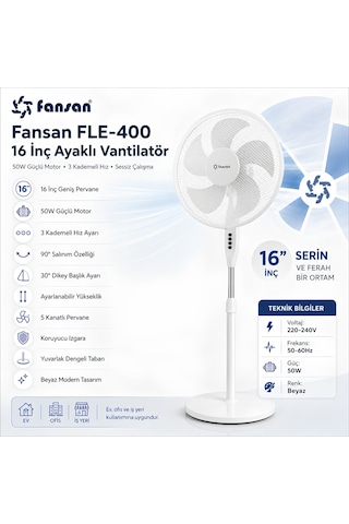Fansan Fle-400 16 İnç Ayaklı Vantilatör 50w 3 Kademeli Sessiz Stand Fan