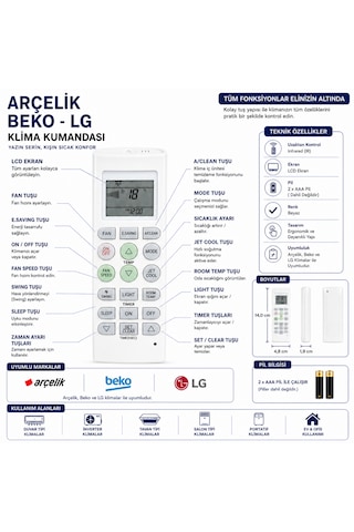 Arçelik Beko Lg Klima Kumandası Lcd Ekranlı Isıtma Soğutma Fan Hızı Swing Jet Cool Uzaktan Kumanda