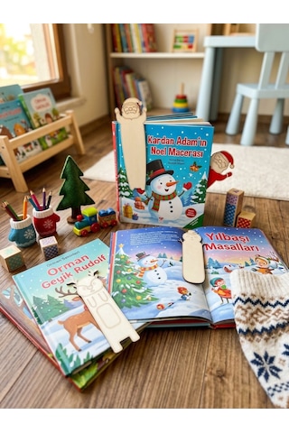 Yılbaşı Hediyelik Ahşap Kitap Ayracı Seti 3 Adet - Sevimli Yılbaşı Karakterleri Kitap Tutucu