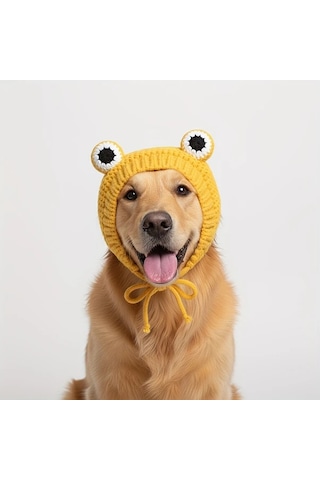 Elmpaly Sarı Renkli Rahat Örgü Evcil Hayvan Şapkası: Büyük Gözlü Kurbağa Desenli, Ayarlanabilir, Kışlık Sessiz Kulak Koruma