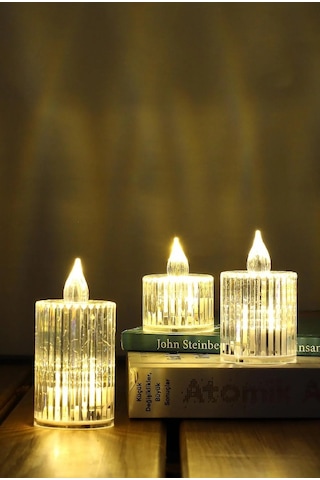 3lü Kristal Desenli Led Mum Seti Pilli Dumansız Alevli Ledli Dekoratif Yapay Mum Beyaz