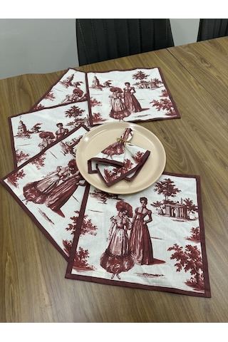 Toile De Jouy Paris Amerikan Servis 6 Lı Set 30x30 Cm %100 Pamuk Dijital Baskılı Klasik Fransız Tarzı Masa Dekoru - Zt720 Kırmızı