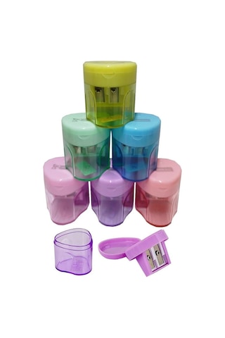 Artlantis Kalemtıraş Çift Bıçaklı Hazneli 6 Renk 1 Paket Mk-4014 Üçgen Pastel Renkler İki Bıçaklı Jumbo Kalem