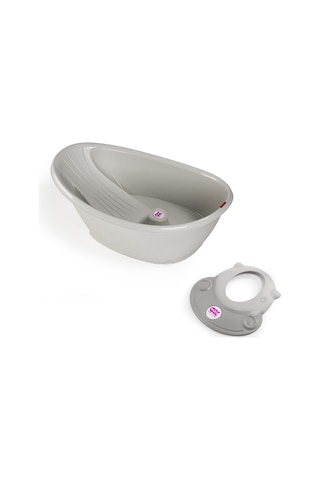 Okbaby Bebek Banyo Seti Bella Dijital Termometreli Çift Yönlü Küvet + Hippo Duş Şapkası A.gri