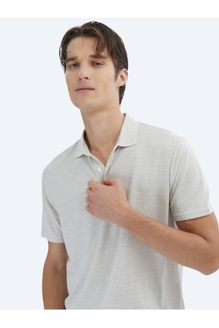Kip Bej Çizgili Polo Yaka Pamuk Karışımlı T-shirt Bej