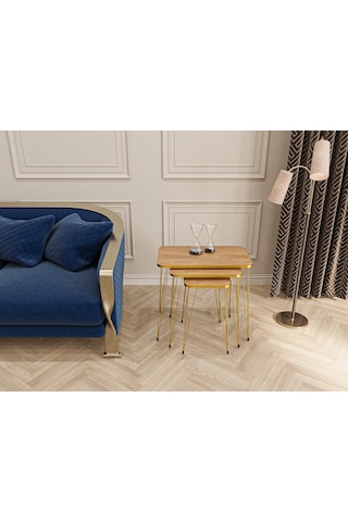 Zigon Sehpa 3'lü Dikdörtgen Gold Tel Ayaklı Ceviz