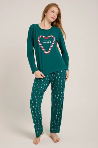 Yeşil Kalp Baskılı Kadın Yeşil Pijama Takımı Yeşil